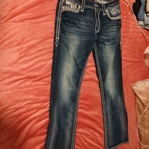Rock Revival Dark Blue Bootcut Jeans with White Contrast Stitching